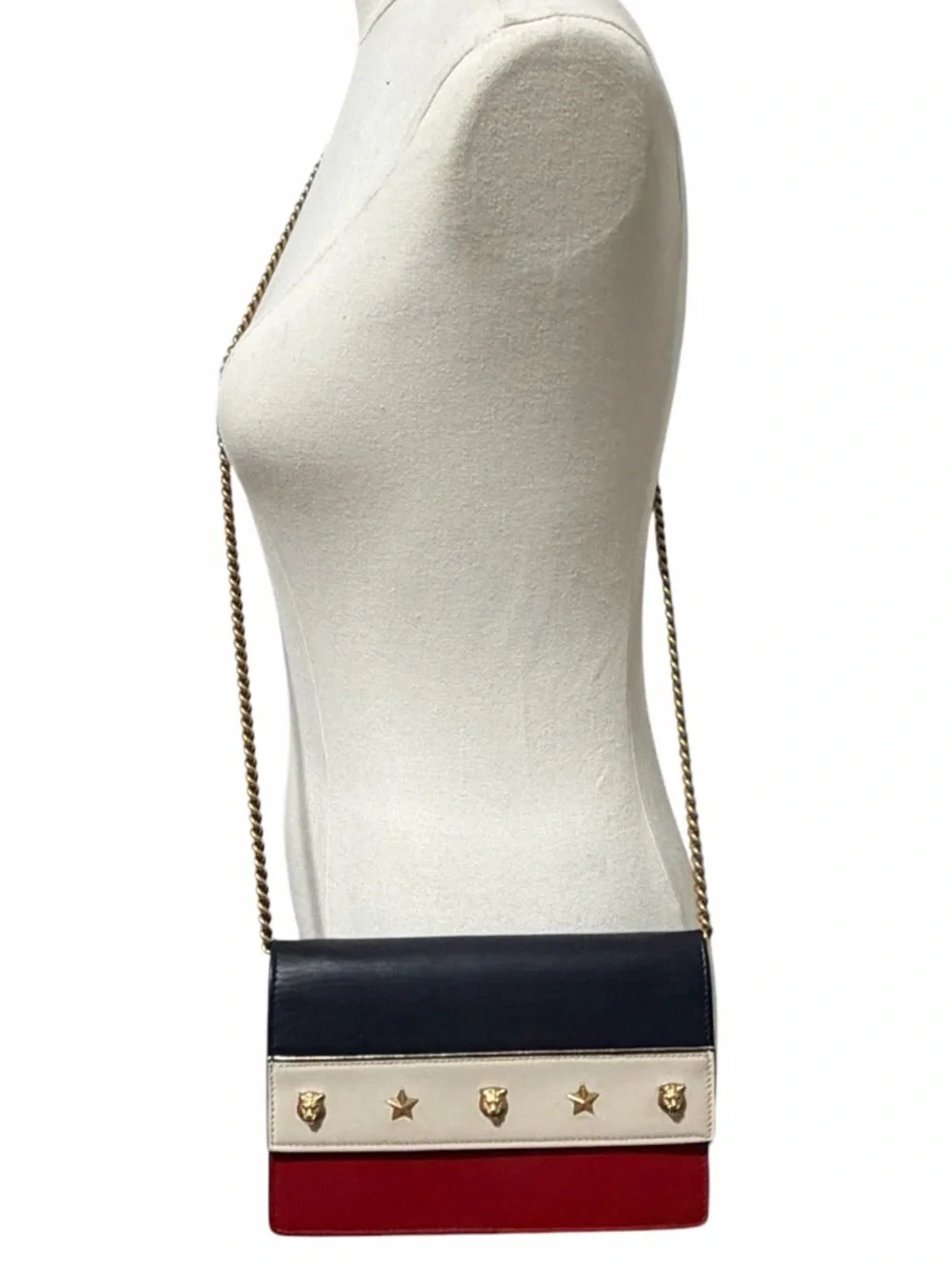 Gucci Animalier Tiger Stud Chain Wallet WOC Blue Red White Leather Crossbody Bag - Picture 2 of 12